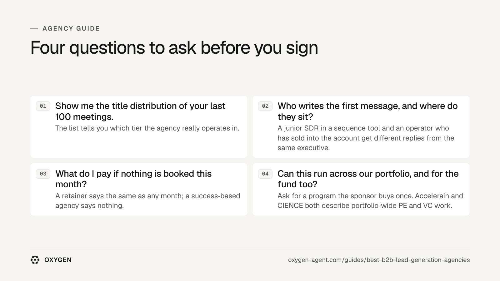 Four questions to ask before you sign: show me the title distribution of your last 100 meetings, who writes the first message, and where do they sit?.