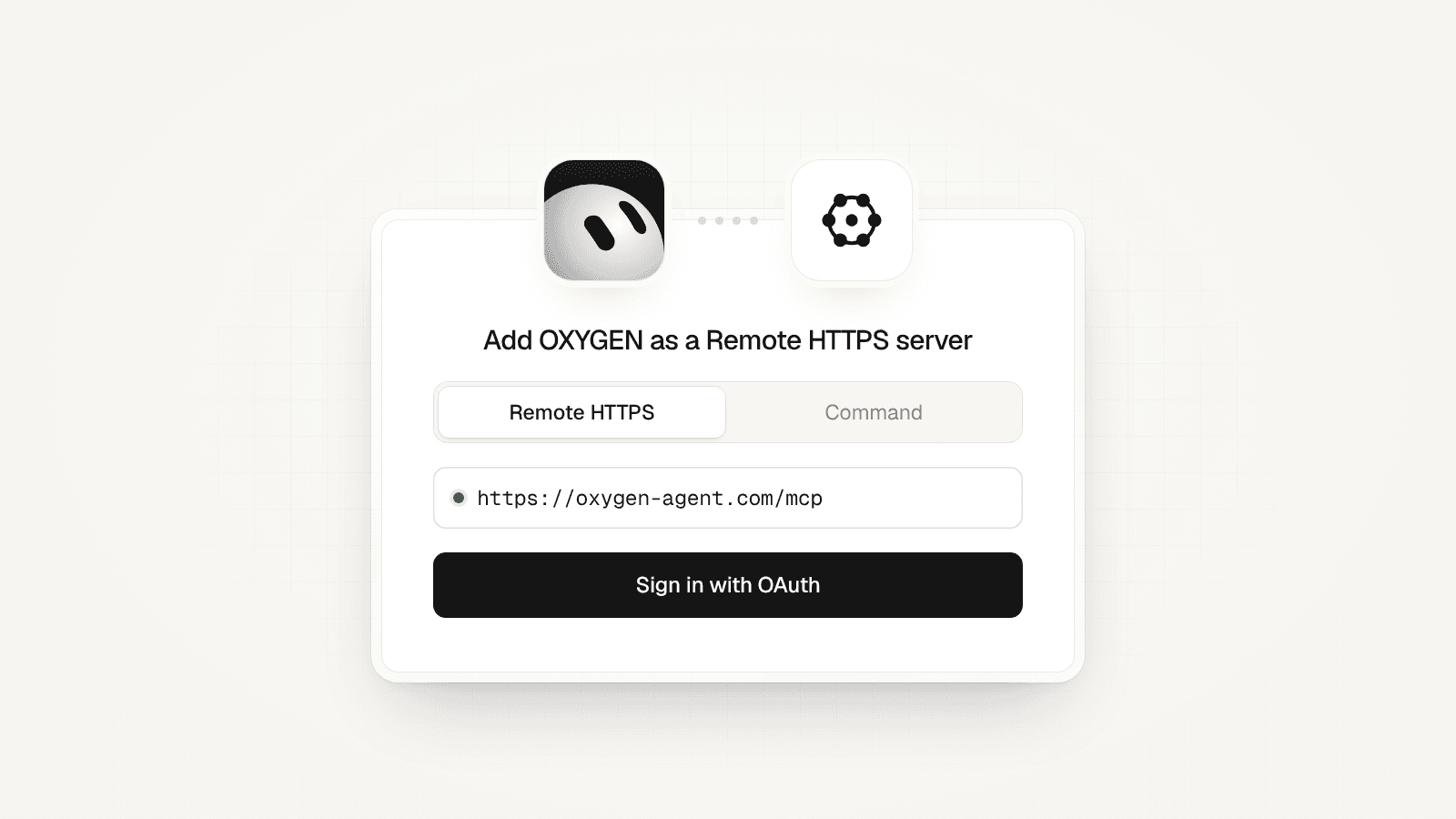 A connect card with the Grok Bot mark linked to the OXYGEN mark: Remote HTTPS, https://ouroxygenagent.com/mcp, and Sign in with OAuth.